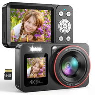 Detailed information about the product Digital Camera,FHD 4K 64MP Camera with Dual Screen 64GB SD Card Point and Shoot Camera 18X Zoom,Anti Shake Portable Rechargeable Camera,Black