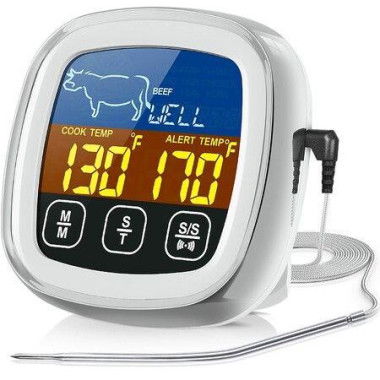 Digital Meat Thermometer For Cooking Touchscreen LCD Large Display Kitchen Timer For BBQ Oven-White