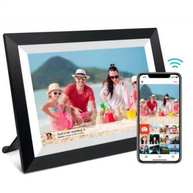 Digital Photo Frame Smart WiFi 10.1 Inch Touch Screen 1280x800 IPS LCD Auto Rotate 32GB Memory Portrait Landscape Black Wooden Home Display
