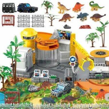 Dinos Toys Playset,Vehicles Construction Track Set with Map,Realistic Dinosa Figures,Parking Barrier Crane Cars,Educational Learning for Kids Ages 3-12