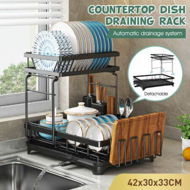 Detailed information about the product Dish Drying Rack Drainer Cup Plate Holder Cutlery Storage Tray Kitchen Organiser 2 Tier Shelf Auto Drainage