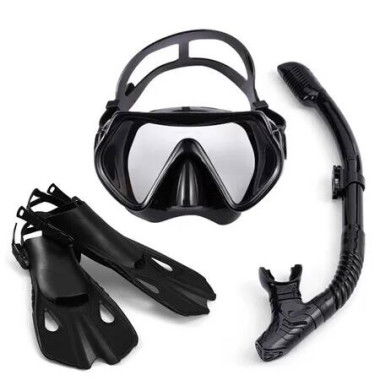 Diving Mask Fin Snorkel Set Panoramic View Snorkel Mask Adjustable Dive Flipper Dry Top Snorkel Color Black Size L/XL