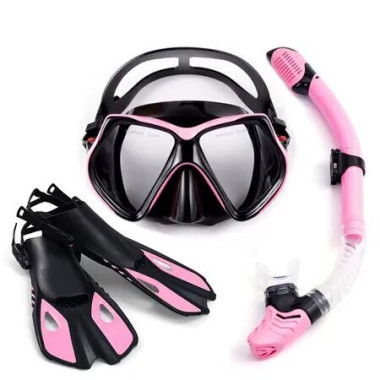 Diving Mask Fin Snorkel Set Panoramic View Snorkel Mask Adjustable Dive Flipper Dry Top Snorkel Color Pink Size S/M