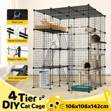 DIY Cat Enclosure Cage Pet House 4 Tier Indoor Rabbit Hutch Bunny Ferret Crate Kitten Fence Kennel Playpen 3 Platforms 3 Ramps Detachable Metal 142cm