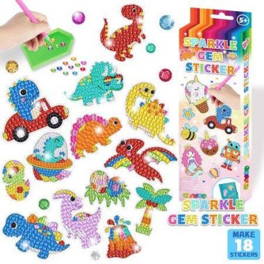DIY Sparkle Gem Children's Kids 6 Stickers Cartoon Diamond Painting,Fun Arts and Crafts Kits Magical Cute Art 19x19cm Dino