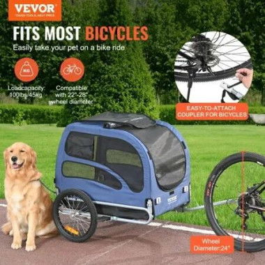 Dog Bike Trailer, Supports up to 45 kg, Pet Cart Bicycle Carrier, Easy Folding Frame with Quick Release Wheels, Universal Bicycle Coupler, Reflectors, Flag, Collapsible to Store, Blue/Black