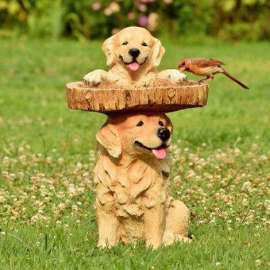 Dog Bird Feeder Resin Statue Figurine Decoration Animal Living Room Candy Plate Storage Garden Home Decor