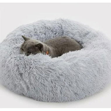 Dog Calming Donut Bed, Fluffy Plush Pet Bed Pillow Sofa , Anti Anxiety Pet Bed Cuddle Round Cushion with Non-Skid Bottom Washable,Light Gray(S-50cm)