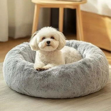 Dog Calming Donut Bed, Fluffy Plush Pet Bed Pillow Sofa , Anti Anxiety Pet Bed Cuddle Round Cushion with Non-Skid Bottom Washable,Light Gray(XXL-100cm)