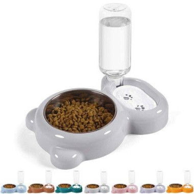 Dog Cat Bowls Pet Water Food Bowl Set With Auto Dispenser Bottle Detachable For Small Dogs Cats Rabbit-Grey