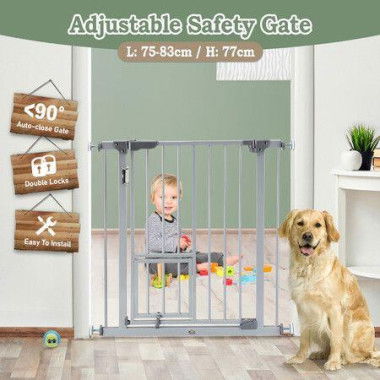 Dog Safety Gate Pet Barrier Kids Safe Fence Security Guard For Stairs Adjustable With Walk Through Door 77cm Grey.