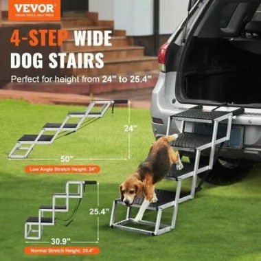 Dog Stair for Cars 4-step Folding Dog Steps Aluminum Loads up to 150 lbs, Foldable 24-25.4 in Adjustable Height