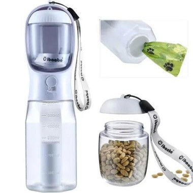 Dog Water Bottle with Food Container, Travel Puppy Water Bowl, Portable Pet Dispenser, Cat Walking and Hiking Dog Gift (White)