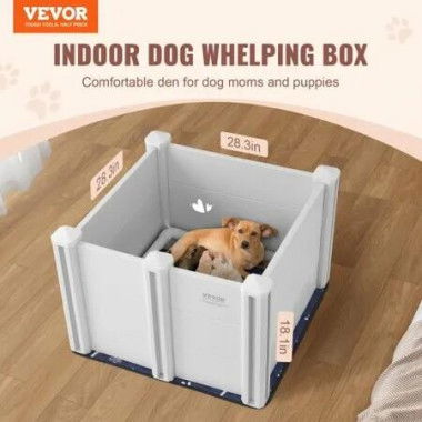 Dog Whelping Box 28.3x28.3x18.1in PVC with Rails Pee Pad for Dogs Puppies