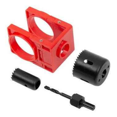 Door Lock Installation Kit, Door Lock Carbon Steel Hole Saw Set for Wooden Doors with Guide Template, Red