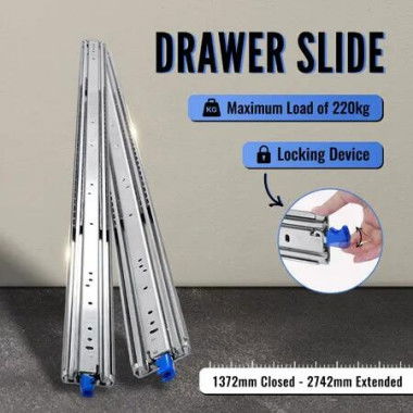 Drawer Slides Runners Cabinet Heavy Duty Rails Guide Locking Ball Bearing Track 220kg Full Extension 1372 to 2742mm Metal Trailer RV Camper Toolbox