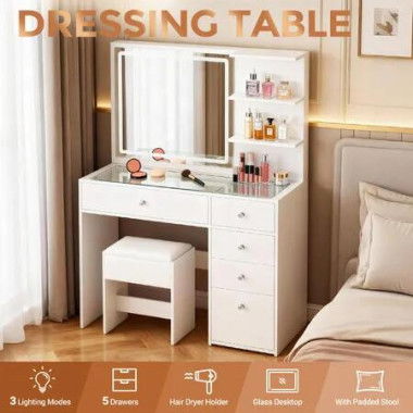 Dressing Table Stool Set Vanity Dresser White Makeup Desk Bedroom Furniture LED Lighted Mirror 3 Lighting Colours 5 Drawers 2 Shelves Glass Tabletop