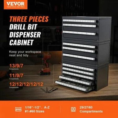 Drill Bit Dispenser Cabinet 3 Pieces Three-Drawer for 1/16' to 1/2' & Letter Sizes A to Z Five-Drawer Drill Bit Organizer for Wire Gauge