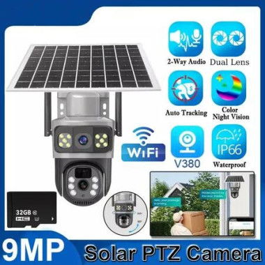 Dual Lens WiFi Solar Security Camera Outdoor Wireless Outdoor 1080P PTZ Dome Survaillance Cam 9MP Night Vision AI Motion Detection