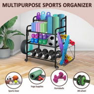 Detailed information about the product Dumbbell Weight Rack Yoga Mat Ball Storage Kettlebell Shelves Home Gym Sports Gear Garage Equipment Organiser with Wheels