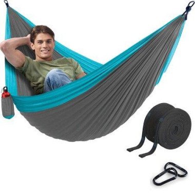 Durable Hammock 400lb Capacity Lightweight Nylon Camping Hammock Chair Double Or Single Sizes With Tree Straps And Attached Carry Bag Portable For Travel/Backpacking/Beach/Backyard (Light Grey & Blue)