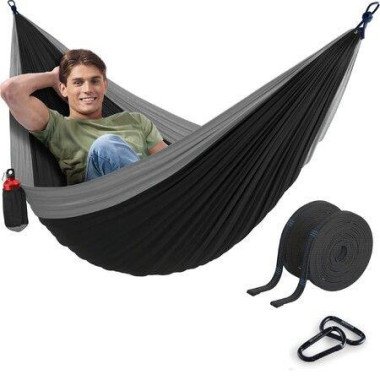 Durable Hammock 400lb Capacity Lightweight Nylon Camping Hammock Chair Double Or Single Sizes With Tree Straps And Attached Carry Bag Portable For Travel/Backpacking/Beach/Backyard (Medium Black)