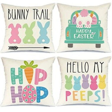 Easter Pillow Covers Easter Decorations For Home Bunny Truck Hello Peeps Hip Hop Pillows Easter Decorative Throw Pillows Spring Easter Farmhouse Decor (18x18