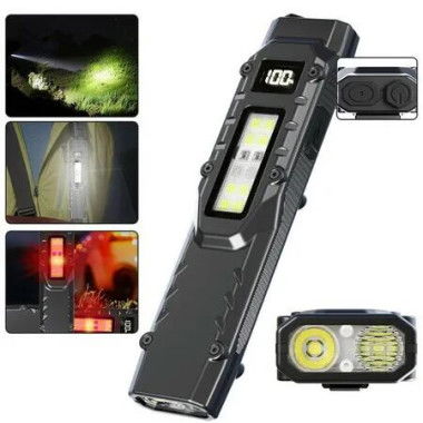EDC Tactical Flashlight Compact 7 Mode Pocket LED Flashlight USB-C Rechargeable Digital Display,IPX5 with Side Light and Clip(Black)