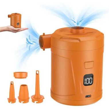 Electric Air Pump for Inflatables, Air Mattress Pump Portable with LCD Display Screen and 4 Nozzles, Inflator Pumps for Pool, Paddle Boats, Camping(Orange)
