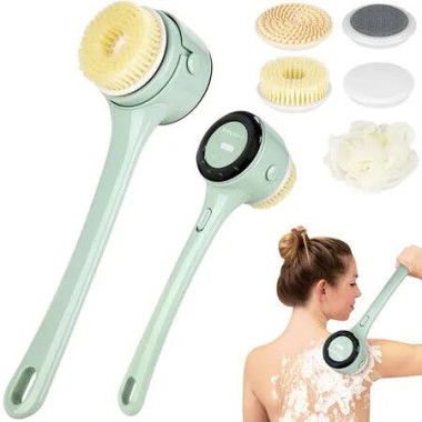 Electric Body Brush Back Scrubber, Rechargeable Spinning Bath Brush with 4 Speeds, Waterproof Long Handle Body Scrubber with 5 Heads (Green)