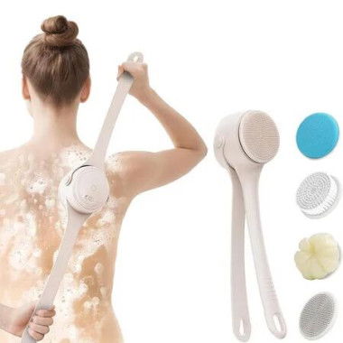 Electric Body Brush Back Scrubber, Waterproof Dual-Speed Bath Brush Long Handle with 4 Heads, Rechargeable Silicone Body Scrubber for Cleansing, Apricot