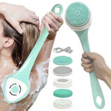 Electric Body Brush Rotating Scrubber For Shower Bath Deep Cleaning With Silicone With 5 Attachments IPX67 Waterproof Rechargeable Brush Heads (Green 1 Pack)