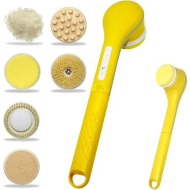 Electric Body Brush Set for Showering, Exfoliating Bath Brush Long Handle for Shower, Body Scrubber with 6 Shower Brush Heads for Women Men, Yellow