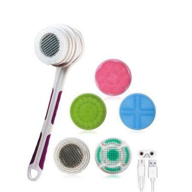 Electric Brush For Back Face Body And Feet. 5 Removable Detachable Soft Bristle Silicone Brush Heads For Face. USB Rechargeable (Purple).