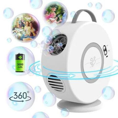 Electric Bubble Machine for Kid Automatic Bubble Blower Rechargeable 360 Degree Auto Rotatable Portable Bubble Maker Toy-White