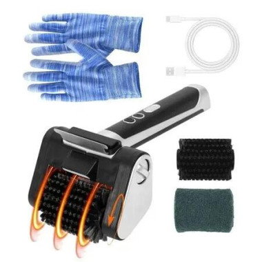 Electric Cordless BBQ Grill Brush,360 Rotation Wireless Cleaning Scraper with 2 Replaceable Stainless Steel Roller Heads,1 Pair Gloves