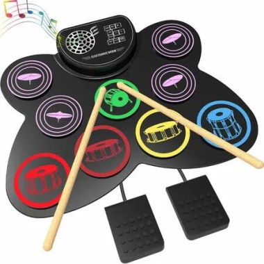Electric Drum Set 9 Pads Silicon Drum Pad with Headphone Jack Foot Pedals Drum Sticks, Build in Speakers Kids Drum Set for Christmas Birthday Gifts