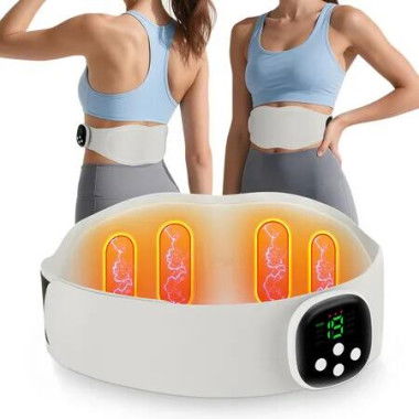 Electric Heating Pad with EMS Massage, Cordless Massager for Lower Back, Portable Waist Wrap Belt Adjustable Size, Gift for Men and Women (White)