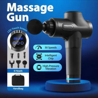 Electric Massage Gun Body Muscle Percussion Deep Tissue Vibration LED Handheld Massager for Shoulder Neck Back Leg with 6 Heads 30 Speeds