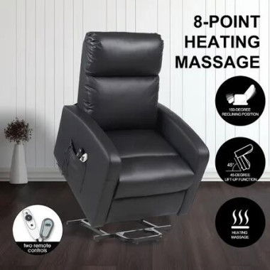 Electric Recliner Chair Lift Massage 8 Point Heated Massaging Lounge Single Sofa Black Leather Armchair Power Assist Elderly Riser Senior Aged Care