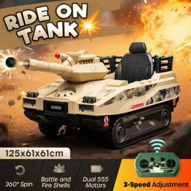 Electric Ride On Car Kids Vehicle Toy Childrens Off Road Military Army Tank Missiles 12V Battery Powered Parental Remote Control 360 Degree Spin Music
