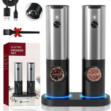 Electric Salt And Pepper Grinder Set With USB Rechargeable Base Automatic Powered Spice Mill Shakers Refillable LED Light.