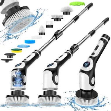 Electric Spin Scrubber,Cordless Shower Scrubber with Power LCD Display Voice Broadcast,9 Replaceable Heads Shower Cleaning Brush for Bathroom Kitchen