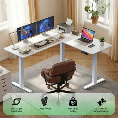 Electric Standing Desk Sit and Stand Up Corner L Shaped Computer Table Height Adjustable Dual Motor Rising White Home Office Gaming Study Workstation