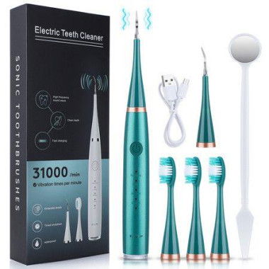 Electric Tooth Cleaner Dental Calculus RemoverTooth Scraper Teeth Cleaning Kit With 3 Cleaning Heads 5 Modes Oral Mirror Green