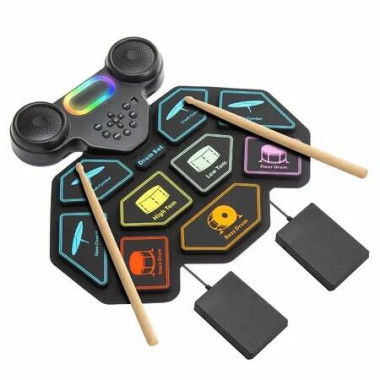 Electronic Drum Set for Kids 9-Pad Roll-Up Portable Silicone Drum Kit with 2 Pedals,Built-in Speakers,MIDI Headphone Jack Ideal for Practice Travel