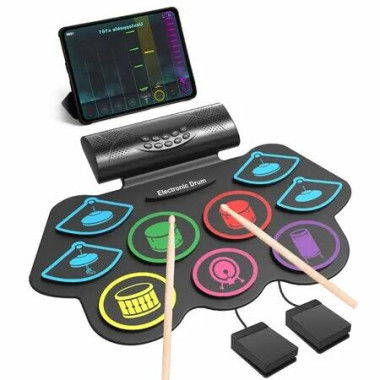 Electronic Drum Set Practice Pad Roll Up USB Powered 9 Pads Headphone Jack Speaker Pedals Sticks Colourful Holiday Birthday Gift Kids