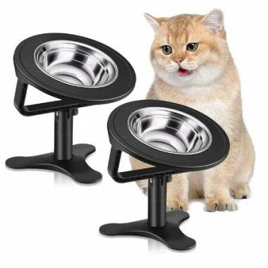 Elevated Cat Bowls with Adjustable Stand,15 Degree Tilted Stainless Steel Non-Slip Feeder for Indoor Cats(2 Pack,Black)