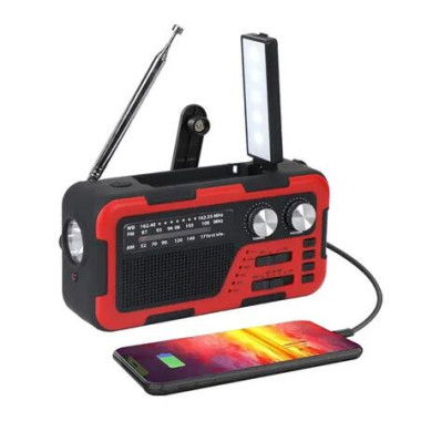 Emergency Hand Crank Radio with LED Flashlight, Portable Weather Radio with Solar Powered Rechargeable Radio for Survival Camping, SOS Alarm, Red