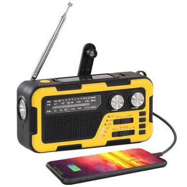 Emergency Hand Crank Radio with LED Flashlight, Portable Weather Radio with Solar Powered Rechargeable Radio for Survival Camping, SOS Alarm, Yellow